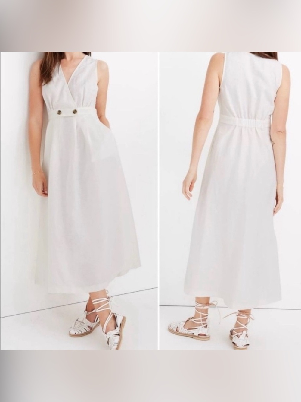 Madewell White Linen Midi Dress with Button Waist Detail